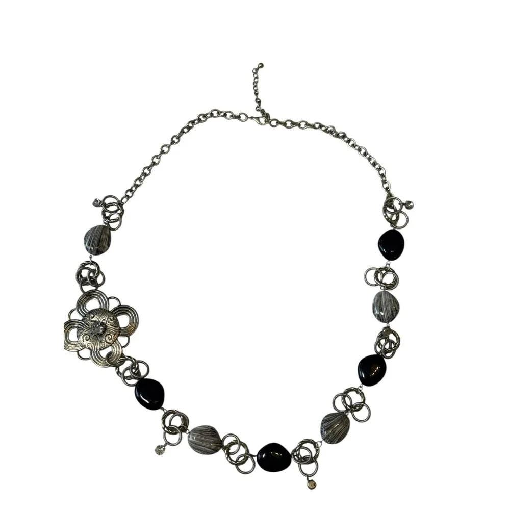 Vintage 1990s Silver Medallion Chain Belt Black Beads Statement Runway womens